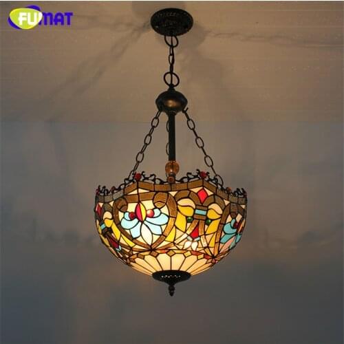 FUMAT Stained Glass Pendant Lamp Flower Dragonfly Art Glass Shade Lights Restaurant Living Room Suspension Project Light Fixture