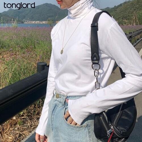 Women Half Turtleneck Cotton T-shirts For Autumn Long Sleeve Solid T Shirts Female Letter Thick Elastic Casual Pullover 2021 New