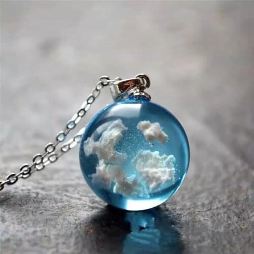 2021 Korean Fashion Jewelry Silver Chain Transparent Resin Round Ball Blue Sky White Cloud Moon Pendant Necklaces For Women