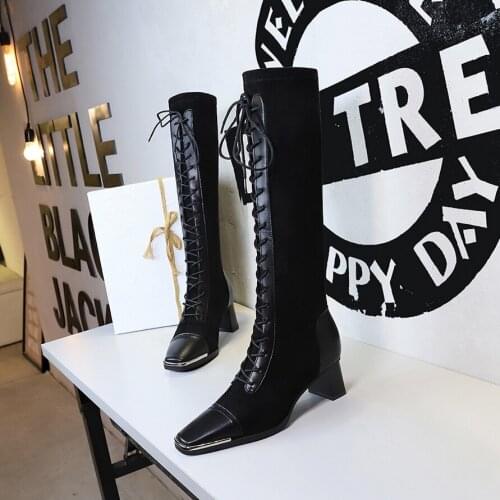Sexy Nightclub Knee High Boots Women Metal Decoration Square High Heels Female Front lace-up Suede Stitching Shoes Fashion Pumps