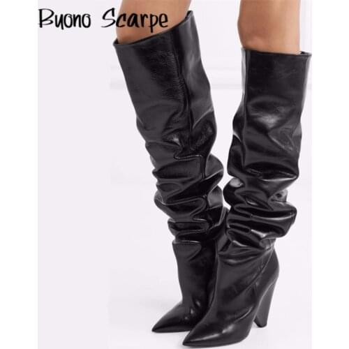 2020 Women Spike High Heel Over The Knee Boots Microfiber Leather Pointed Toe Fashion Brand Heel Boots Pleated Female New Boots