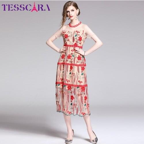 TESSCARA Women Summer Luxury Embroidery Mesh Dress Festa Female High Quality Party Robe Femme Floral Designer Long Red Vestidos