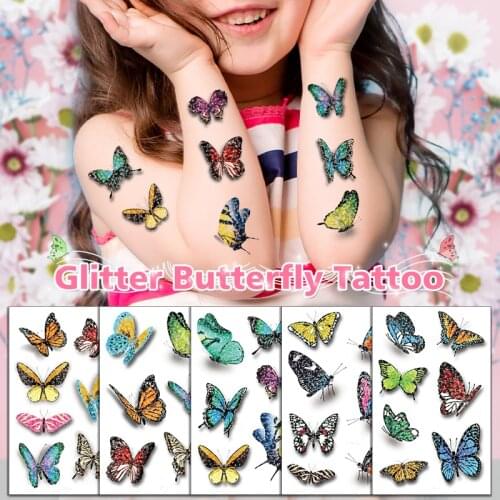 1 Sheet glaryyears Girl Children Glitter Shiny Colorful Butterflies Tattoo Cartoon Temporary Tattoo Sticker for Body Art