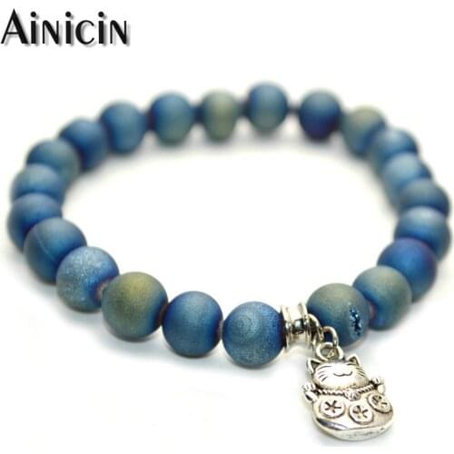 1pc Natural Druzy Agate Evil Eyes 8mm Round Beads Stretch Bracelets Lucky Fortune Cat Charms Jewelry Fashion Women Gift