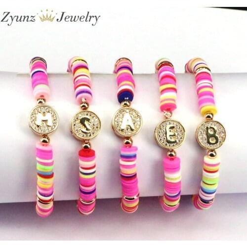 10PCS, New Handmade CZ Letter Spacer Boho Bracelet Femme Candy Color Polymer Clay Elastic Charm Bracelet For Women Jewelry