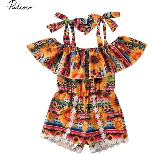 2020 Cute Summer Toddler Baby Kids Girl Floral Romper Summer Boho Ruffle Off Shoulder Sunflower Jumpsuit Outfits Holiday Clothes