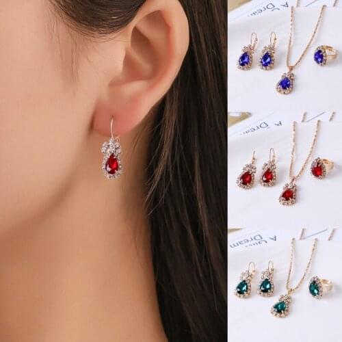 4pcs/set Fashion Jewelry Sets Luxury Water Drop Pendant Necklace Earrings Ring Crystal Jewelry Sets Women Wedding Jewelry Set