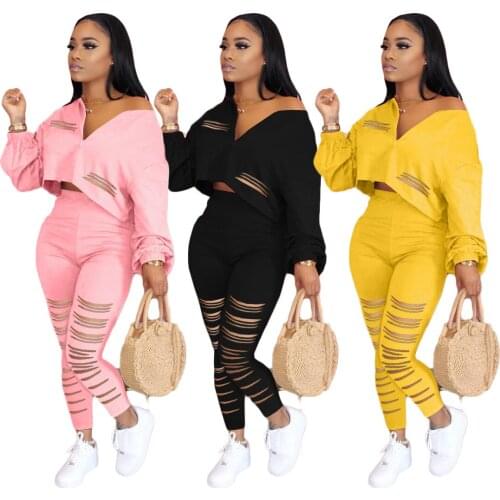 A8253 Wholesale Items Fall Sports Wear Long Two Piece Set Holes Long Sleeve T-shirts Pencil Trousers Outfits T Shirt