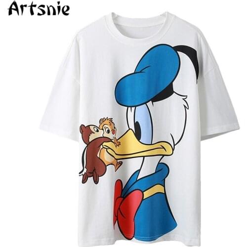 Artsnie Disney Cartoon T Shirt Women Summer 2021 O Neck Short Sleeve Tops Streetwear Casual White Knitted Ladies T-shirts Femme