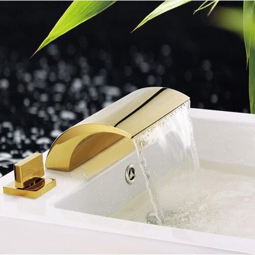 Free ship Gold PVD 3 pcs widespread Waterfall Bathroom Bath Roman Tub Faucet Deck mounted