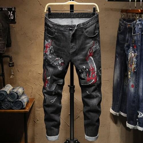 Men Streetwear Slim Fit Dragon Embroidery Stretch Jogger Jeans Fashion Man Hip Hop Cotton Casual Straight Denim Trousers