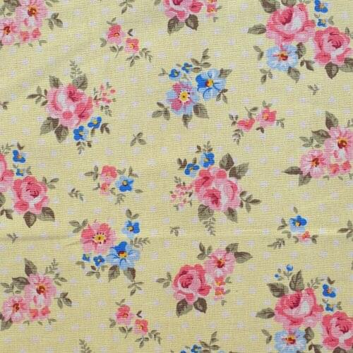 Cotton Linen Fabric for sewing pathwork, bedding - Rose and dot on light yellow (width=140cm)