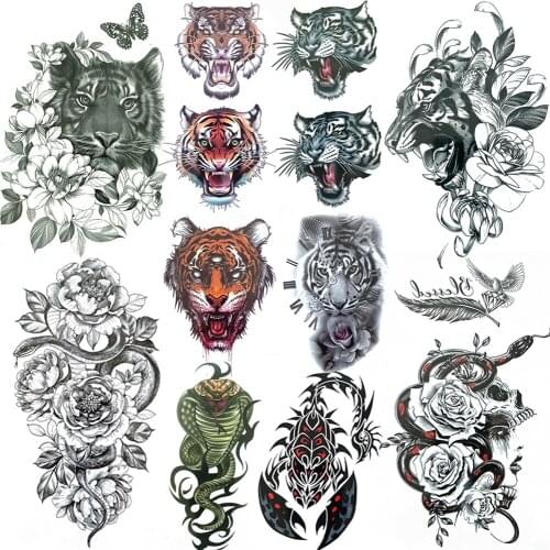 Cool Tiger Snake Scorpion Fake Tattoo Sticker Watercolor Beast Temporary Tattoo For Women Men Kids Flower Tatoo Paper Paper