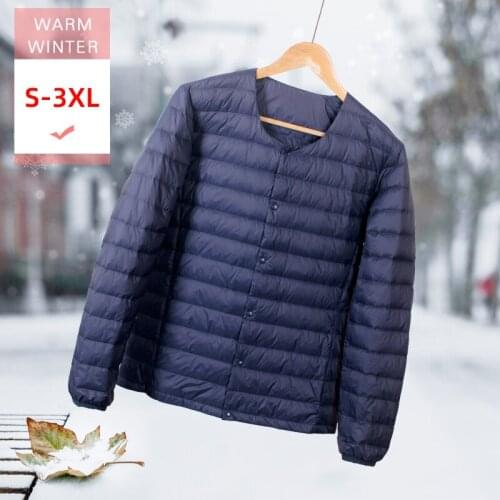 New Men Winter Short O-Neck White Duck Down Jacket Male Ultral Light V-Neck Soft Coat Windproof Warm Liner With Covered Button