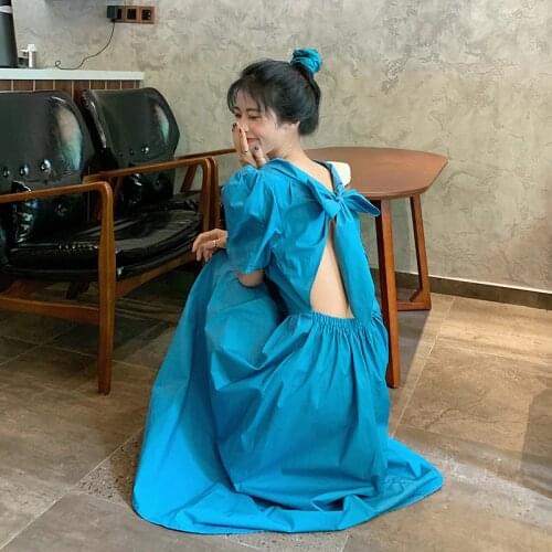 Summer dress women2021 New Open Back Bow Puff Sleeve Solid Dresses Blue Elegant Holiday Lady Vestidos