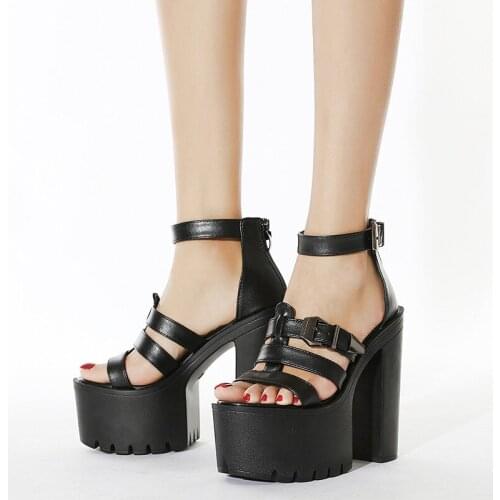Chunky Sandals Women Punk Platform Sandals Shoes Summer High Heels Narrow Combination Open Toe Black Leather Sandals Shoes Woman