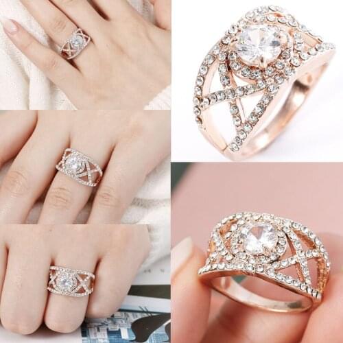Milangirl Elegant X Cross Shape Crystal Zircon Ring for Womens Rose Gold Color Hollow Rhinestone Wedding Engagement Jewelry