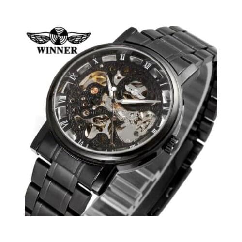 Fashion Winner Top Brand Skeleton Alloy Case Full Black Stainless Steel Army Sports Relogio Gift For Man Watches