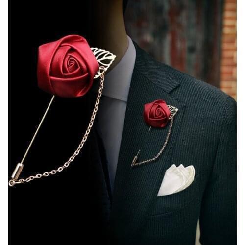 Rose Flower Golden Leaf Fashion Brooch Pin Mens Suit Lapel Canvas Fabric Ribbon Tie Pins Men Wedding Boutonniere Brooch Jewelry