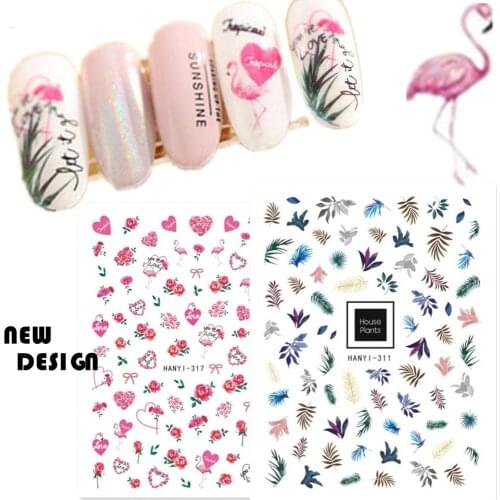 Newest HANYI-311 317 House Plants and flamingo 3d nail sticker decals Japan Korea style DIY nail decoration wraps