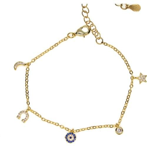 Newsest fashion girl bracelet with moon star horseshoes cz charm paved link chain with gold color plated wedding bracelet gift