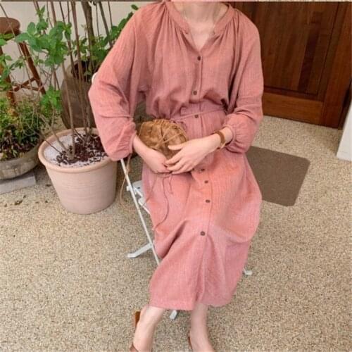 Autumn Cotton Long Dress Women 2020 New Chic Retro Vestido Lady Dress Singe-breasted Sashes Plus Size Casual Shirt Style Dress