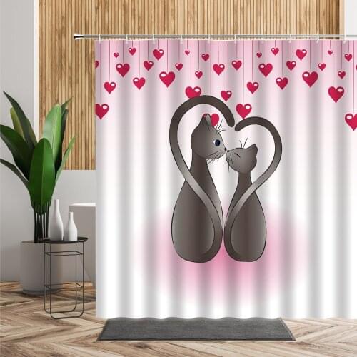 Romantic Love Decoration Shower Curtain Sweet Couple Cat Red Loves Home Decor Background Waterproof Bath Curtains Set With Hooks