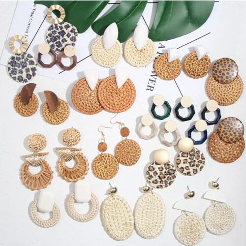 Flatfoosie Korea Bohemia Handmade Rattan Weave Drop Earrings For Women Boho Geometric New bamboo Straw Knit Vine Earring Jewelry