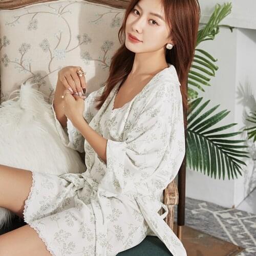 White Sweet Lace Trim Kimono Robe Gown Suit Ladies Summer Autumn Print Sleepwear Satin Home Dress Sexy V-Neck Camisole Nightgown