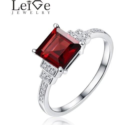 Leige Jewelry Square Cut Red Garnet Ring Natural Gemstone Silver Romantic Engagement Rings for Women Promise Anniversary Gifit