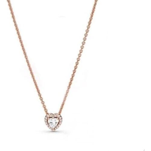 925 Sterling Silver Rose Sparkling Heart Collier Pendant Necklace Fit Charms Beads DIY Necklaces for women 388425C01