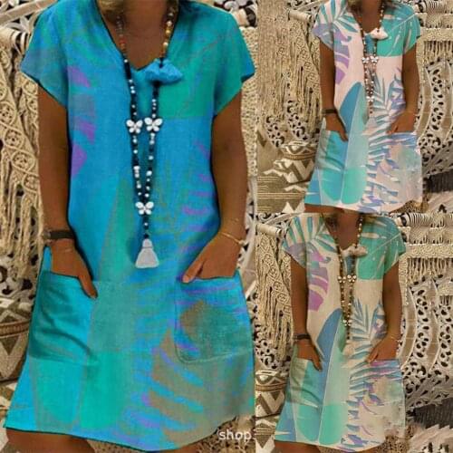 Fashion Women Casual Short Sleeve V Neck Leaf Print Pockets Loose Knee-length Dress Casual Plus Size Ladies Dress Robe Femme 3XL