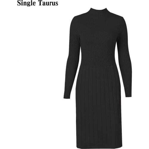 2020 Autumn Winter Female Dress Long Sleeve Knitting Cotton Turtleneck Dresses for Women Midi Long Length Ribbed Vestidos Mujer