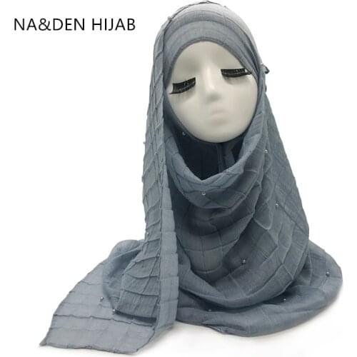 Women scarf/scarves crinkled pearls elastic viscose embossed grid shawl solid Muslim basic hijabs light weight wraps 10pcs