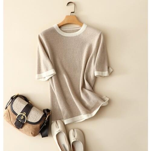 100% cashmere short sleeve sweaters women contrast crew neck softness chic autumn pullpvers knitted fashion knitwear