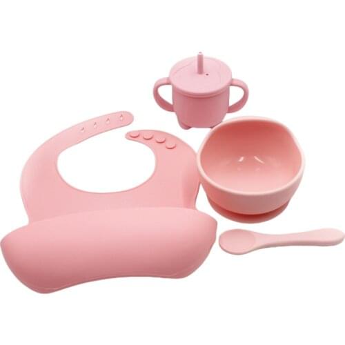 4 Pcs Baby Silicone Bibs Sucker Bowl Spoon Straw Cup Set Training Feeding Dishes