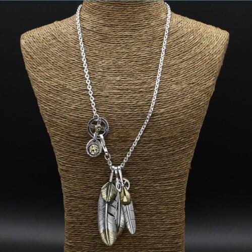 55.9g 100% Real 925 Sterling Silver Long Necklace Men Women Goden Feather Pendants In 4mm Chain Vintage Indian Style Mens Bijoux