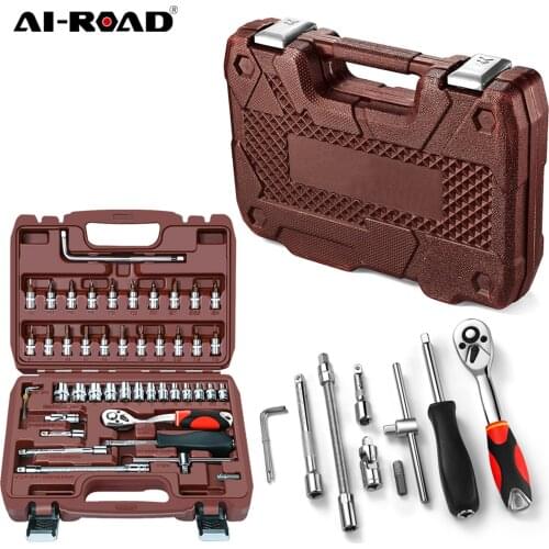 AI-ROAD 47PCS Tool Set for Car Repair Tools Sokcet Set Metric 1/4" Drive Ratchet handle Wrench Batch Head Hand Tool Set