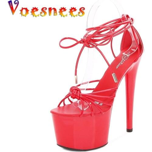 Voesnees Super High Heel Peep Toe Women Shoes 17CM Womens Stiletto Heel Sandals Nightclub Sexy Lace Platform Sandals Red Shoes