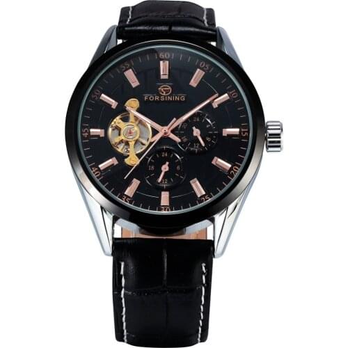 FORSINING Classic Tourbillon Wrap Mens Watches Luxury Automatic Watch Golden Case Calendar Male Clock Black Mechanical Watch