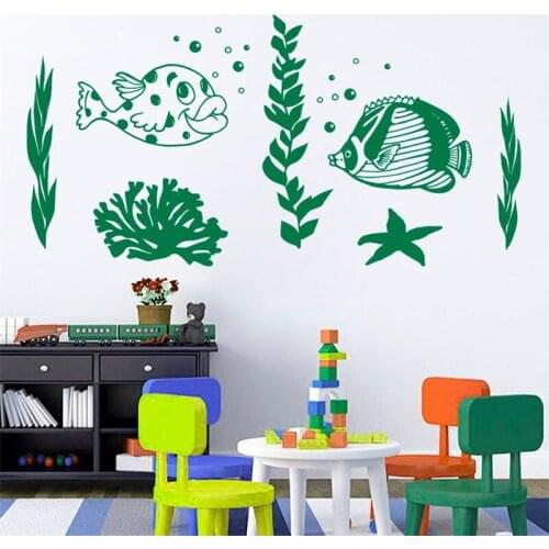 Wall Decal for Kids Bathroom Decor Vinyl Sticker Nautical Water World Nature Marine Animals Aquarium Ocean Sea Fish Mural HY1565