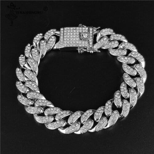 Hip Hop Bling Iced Out Miami Cuban Link Chain Full AAA Crystal Pave Mens Bracelet Gold/ Rose Color Bracelets For Men Jewelry