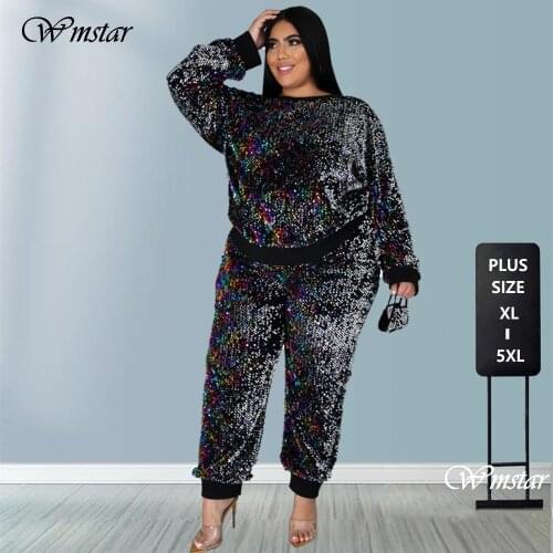 Winter Plus Size S-5XL Clothing For Women Two Piece Set Sequins Birthday Outfit Joggers Tracksuit Wholesale Dropshipping 2021