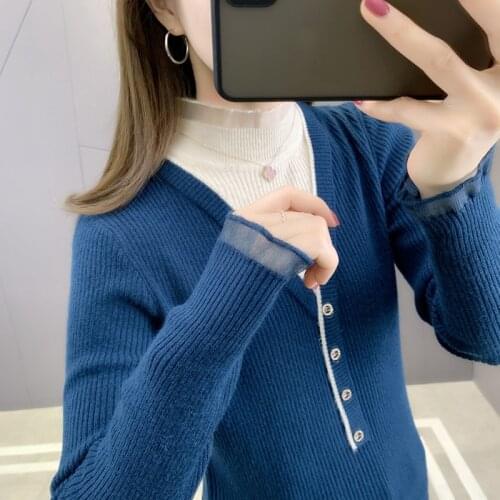 M zone 36 right] 7391 real shot lace half high collar color matching fake two piece knitting sleeve 46