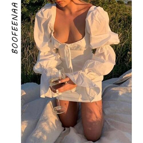 BOOFEENAA White Vintage Puff Sleeve Mini Dress Fall Vestidos Mujer 2020 Vacation Elegant Sexy Long Sleeve Bodycon Dress C92-CD29