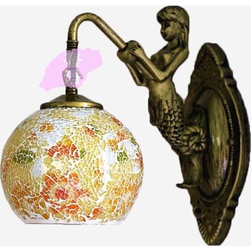 Mosaic Bronze Mermaid Balcony Wall Light Romantic Colorful Glass Bedroom Bedsides Wall Sconce Bar Club Corridor Wall Lamp