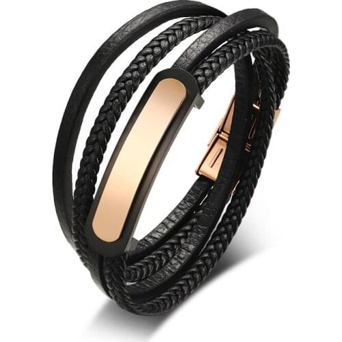 Mens Leather Bracelet Customized ID Multi-Layer Braided Link Chain Bracelet for Male Jewelry B00202