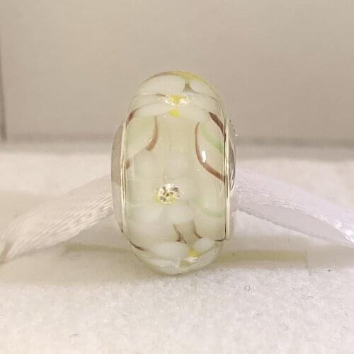Original White Daisy Blossom Flower Lampwork Murano Glass Bead Fit 925 Sterling Silver Charm Bracelet Bangle DIY Jewelry
