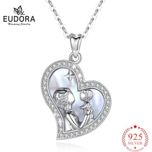 Eudora 925 Sterling Silver Original design mother baby Necklace mother of pearl Pendant with Crystal CZ silver star Necklace D16