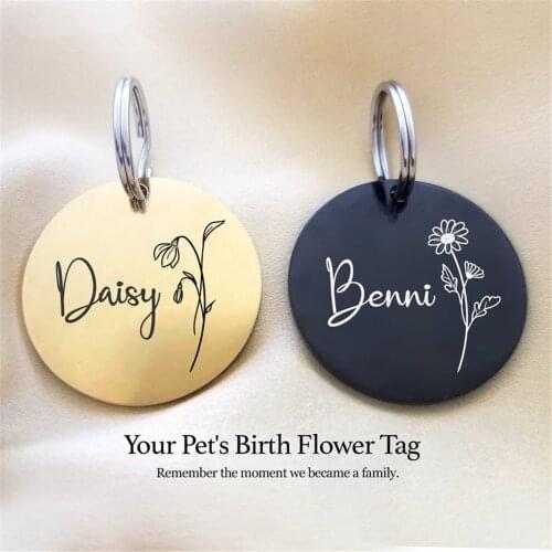 Personalized Dog Cat Birth Flower Tag Keychain Stainless Steel Custom Pet Name ID Key Ring Pendant Accessories For Pet Jewelry